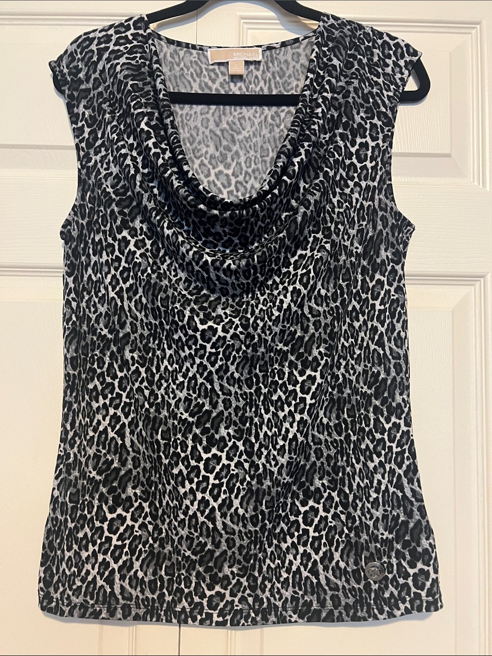MICHAEL Michael Kors Black & Grey Leopard Print Cowl Neck Sleeveless Top L